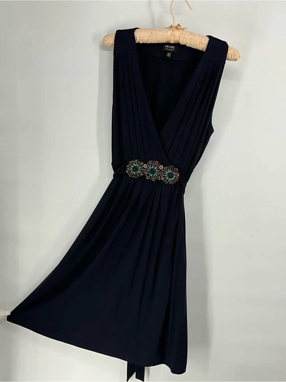 Nicole Navy V‑Neck Pleated Mini Rayon Dress with Beaded Waist M
